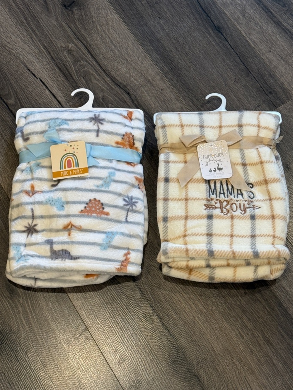 🧨Baby 'Mama's Boy' Beige Plaid Plush & dino Baby Blanket Bundle of 2 Super Cute